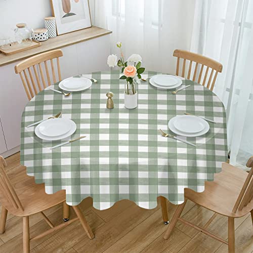 Runde Tischdecke mit Büffelkaro, 152,4 cm, wasserfester Stoff-Tischdeckenschutz, Bauernhaus-Grün-Weiß kariert, Tischdecken, waschbare Tischdecke für Küche, Bankett, Couchtisch, Party, Salbeigrün von DecorLovee