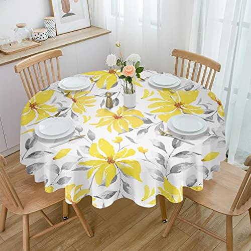 Tischdecke mit Frühlingsblumen, rund, 152,4 cm, wasserfester Stoff-Tischschutz, Aquarell, Sommerblume, botanische Tischdecken, waschbare Tischdecke für Küche, Bankett, Couchtisch, Party, Gelb / Grau von DecorLovee