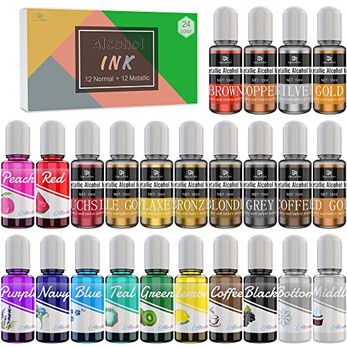 24 Alkohol Tinte Set - 12 Metall Farben mit 12 Lebendig Farben Alkohol Ink für Epoxidharz, Petrischalen Herstellung, Malen - Konzentrierter Alkoholtinte Harztinte Farben für Harz Kunst, DIY Malerei von DecorRom