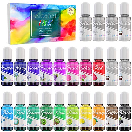 Alcohol Ink Set - 24 Flaschen Alkohol Tinte zur Epoxidharz Malerei, Petrischalen Herstellung - 18 Farben und 6 weiße Farbstoffe für Epoxy Harz Kunst, Becher Herstellung, Malen, Untersetzer - je 10ml von DecorRom