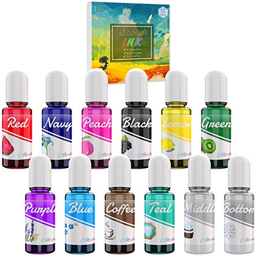 Alkohol Tinte Set - 12 Farben Alcohol Ink zur Epoxidharz Malerei, Petrischalen Herstellung, Harz Kunst - 120ml Konzentrierter Alkoholtinte Harztinte Farben für Becher Herstellung, Malen - je 10ml von DecorRom