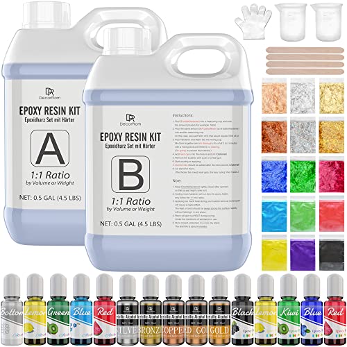 Epoxidharz Set Anfänger - 3.8L / 4.2kg Glasklar Epoxy Resin Gießharz mit Alkohol Tinte, Metallic Ink, Harz Farbe, Mica Powder Pigment, Goldfolie, Gusszubehör für DIY Harz Handwerk,Schmuckherstellung von DecorRom