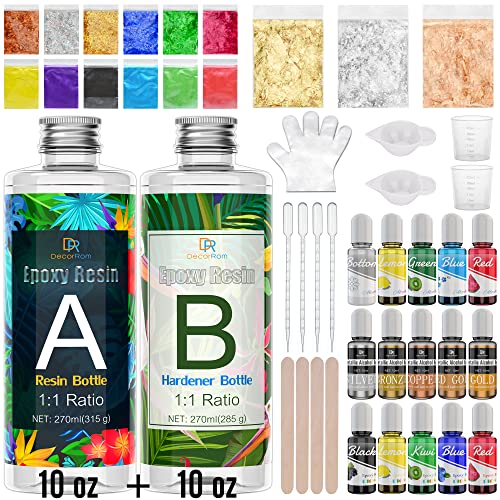 Epoxidharz Set Anfänger - 540ml Glasklar Epoxy Resin Gießharz mit Alkohol Tinte, Metallic Alcohol Ink, Harz Farbe, Mica Powder, Glitzer, Goldfolie, Gusszubehör für DIY Harz Handwerk,Schmuckherstellung Epoxidharz Set Anfänger - 540ml Glasklar Epoxy Resin Gießharz mit Alkohol Tinte, Metallic Alcohol Ink, Harz Farbe, Mica Powder, Glitzer, Goldfolie, Gusszubehör für DIY Harz Handwerk,Schmuckherstellung von DecorRom