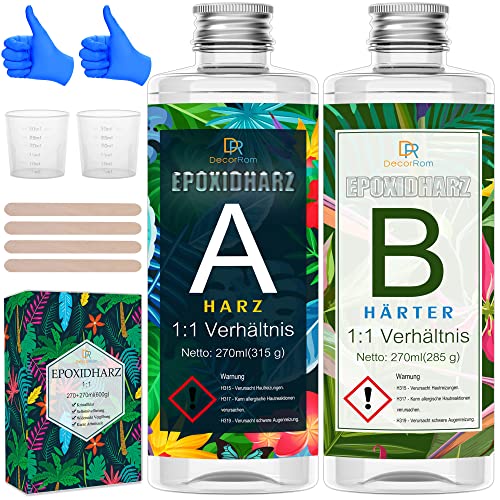 Epoxidharz Set mit Härter - 600g(540ml) Glasklar Gießharz Epoxidharz für Guss und Beschichtung,Einfaches 1: 1 Verhältnis,Transparentes 2-teiliges Harz Set für Holz,Schmuckherstellung,Malerei,Handwerk von DecorRom