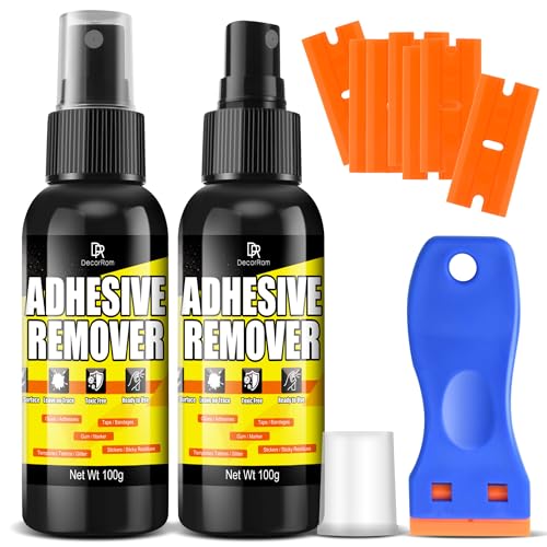 Klebstoffentferner Set 200ml - Etikettenentferner & Kleberlöser mit Schaber, Sicher für Lack & Glas, Entfernt Kleberreste, Etiketten, Aufkleber & Klebebandrückstände – Oberflächensicherer Kleberspray von DecorRom
