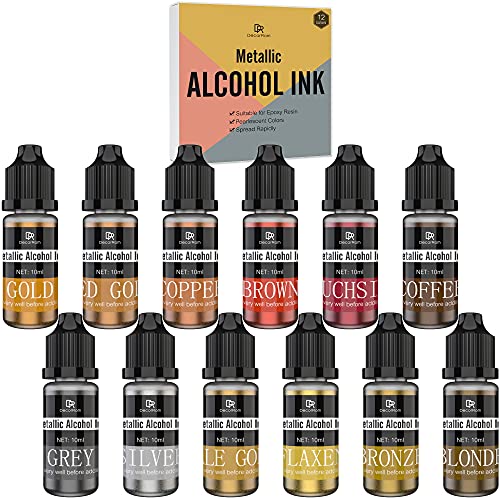 Metallic Alkohol Tinte Set - 12 Metall Farben Alcohol Ink zur Epoxidharz, Petrischalen Herstellung, Malen - Schimmern Konzentrierter Alkoholtinte Harztinte Farben für Harz Kunst, DIY Malerei - je 10ml von DecorRom