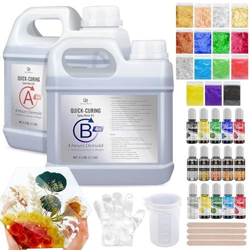 Schnellhärtendes Epoxidharz mit Härter 2,2L/86oz - 4H Aushärtezeit, Kristallklar & Blasenfreies 2K Harz für DIY Schmuck, Resin Kunst, Tischdekoration, Fluss-Tisch - Inkl. Farbpigmente & Glitter von DecorRom