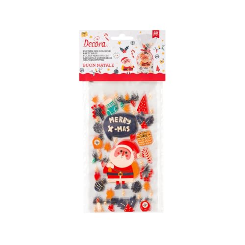 Decora, 0855987 Packung mit 20 Tüten Frohe Weihnachten, Größe 12,5 + 3 x 24 cm, perfekt für Partys und Veranstaltungen, zum Präsentieren und Servieren verschiedener Snacks, sowohl süß als auch von Decora