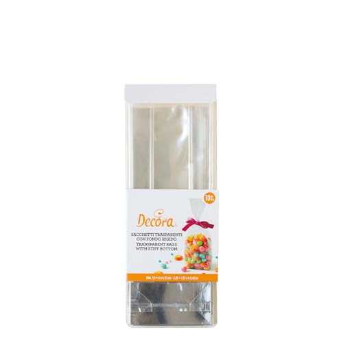 Decora 0855040 Packung mit 10 transparenten Kunststofftüten für Lebensmittel, mit festem Boden aus Pappe 75 + 40 x 220 H mm, zum Verpacken von Süßigkeiten, Keksen und Bonbons von Decora