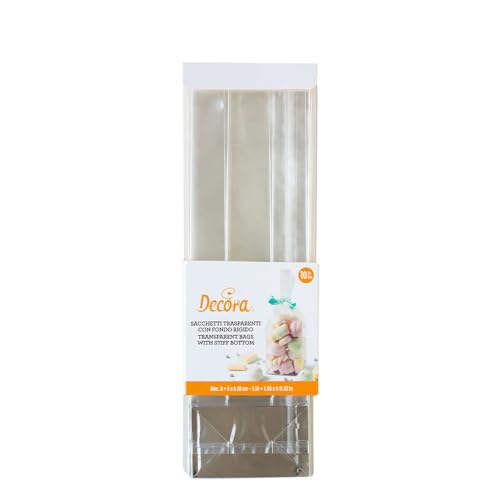 Decora 0855041 Packung mit 10 transparenten Kunststofftüten für Lebensmittel, mit festem Boden aus Pappe 80 + 50 x 280 H mm, zum Verpacken von Süßigkeiten, Keksen und Bonbons von Decora