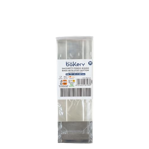 Decora 5855040 Packung mit 100 transparenten Kunststofftüten für Lebensmittel, mit festem Boden aus Pappe 75 + 40 x 220 H mm, zum Verpacken von Süßigkeiten, Keksen und Bonbons von Decora