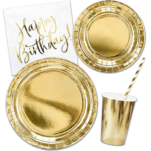 Decoraparty Goldenes Geschirr-Set für 6 Personen, Tischdekoration mit Happy Birthday Schriftzug - 6 Becher, 6 große Teller, 6 kleine Teller, 20 Servietten, 10 Strohhalme (48 Stück) von Decoraparty