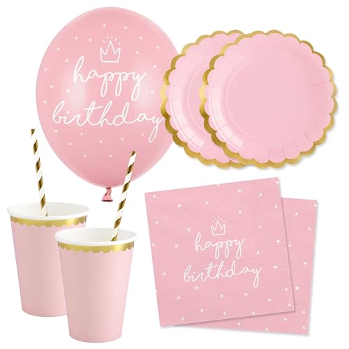 Decoraparty Rosa Party-Set für 12 Personen, Tischdekoration für Geburtstag Mädchen Party Happy Birthday 6 Luftballons, 20 Servietten, 12 Teller, 12 Becher, 20 Strohhalme (70 Stück) von Decoraparty