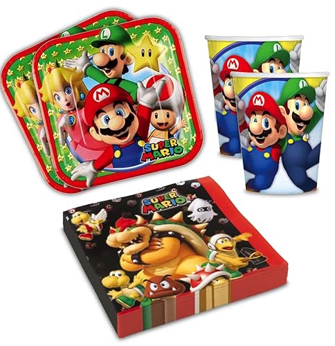 Decoraparty Super Mario Party-Set für 8 Personen, Set mit Tischdekoration, Geschirr, Luigi Bros. Yoshi für Geburtstag, Party, Jubiläum, Halloween, Kinder, Mädchen, 8 Teller, 8 Becher, 20 Servietten von Decoraparty