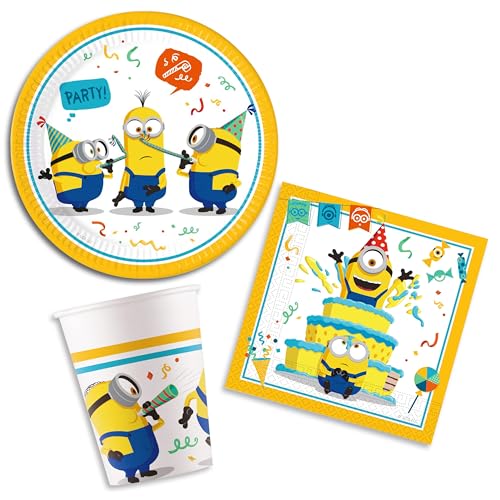 Minions Geburtstagsset für bis zu 8 Personen, Party-Set Dekoration Tischdekoration Geschirr Minion Ich - Einfach unverbesserlich für Party Jahrestag Halloween Kinder 8 Teller, 8 Becher, 16 Servietten von Decoraparty