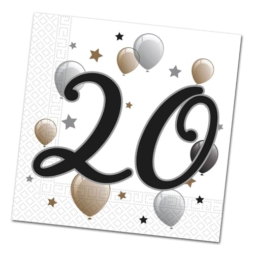 Geburtstagsdeko Papierservietten Zahl 20 Jubiläum - 60 Stück runder Geburtstag Servietten weiß mit schwarzer Zahl, gold-silber-schwarze Luftballon & Stern Motive von Decorata Party