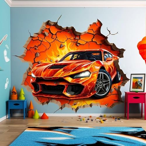 3D Feuer Auto Wandtattoo - Dynamisches Auto im Loch Kunst Aufkleber - Jungen Schlafzimmer Zerbrochene Wand Fahrzeug Mural Dekor - Sportwagen Aufkleber (80x80 cm) von Decords