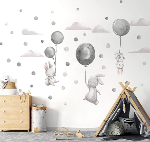 Wandaufkleber Hasen fliegen auf graue Luftballons - Große Wanddekoration Kinderzimmer Geburtstagsgeschenk Jungen Mädchen Babyparty Hasen von Decotia