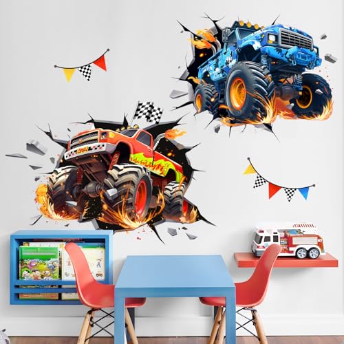 Decvictor Wandtattoo 3D Verrückter Rennwagen Wandaufkleber Lkw-Fahrzeuge Wandsticker Kinderzimmer Babyzimmer Jungenzimmer Wanddeko von Decvictor