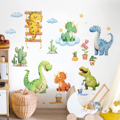 Decvictor Wandtattoo Aquarell Dinosaurier Wandaufkleber Niedlicher Cartoon Dinosaurier beim Spielen Kakteen Wandsticker Kinderzimmer Babyzimmer Jungenzimmer Mädchenzimmer Wanddeko von Decvictor