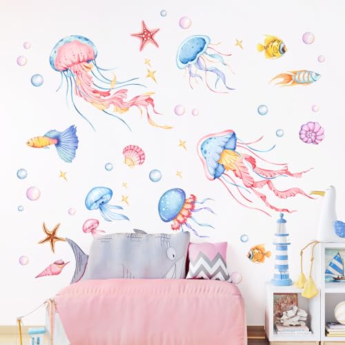 Decvictor Wandtattoo Aquarell Quallen Wandaufkleber Meereswelt Leben Wandsticker Mädchen Kinderzimmer Babyzimmer Jungenzimmer Wanddeko von Decvictor