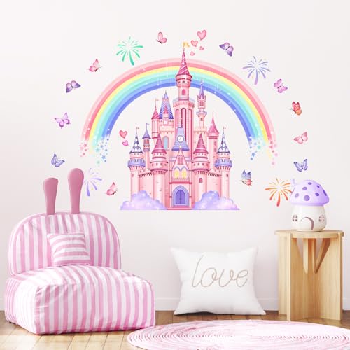 Wandtattoo Regenbogen Schloss Wandaufkleber Aquarell Feuerwerk Schmetterlinge Wandsticker Kinderzimmer Babyzimmer Mädchenzimmer Wanddeko von Decvictor