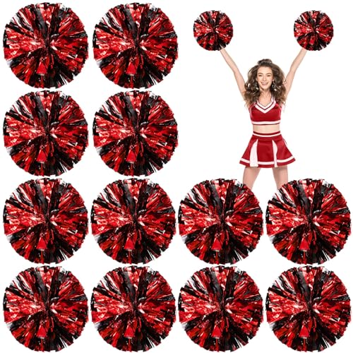 Deekin Metallische Folien-Pompons mit Griff, Cheer Squad Team, Spirited Fun Pompons für Party, Sport, Tanz, Cheer, 30,5 cm, je 50 g Gewicht (rot, schwarz), 12 Stück von Deekin