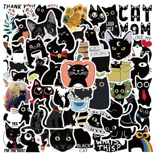 Schwarze Katze Aufkleber Set 50 Stück,Niedliche Katze Sticker,Wasserdicht Kawaii Stickers für Kinder Teens Erwachsene,Vinyl Graffiti Decals für Laptop Skateboard Fahrrad Moped Motorrad Scrapbooking von Deen