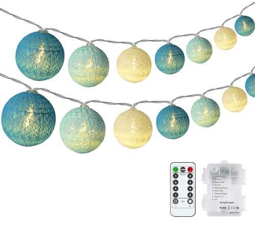 DeepDream Cotton Ball Lichterkette Batteriebetrieben, 4.5m 20 LED Kugeln Lichterkette Baumwollkugeln Lichterkette für Innen, Baby Zimmer Schlafzimmer, Hochzeit, Party, Weihnachten(Blau) von DeepDream