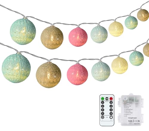 DeepDream Cotton Ball Lichterkette Batteriebetrieben, 4.5m 20 LED Kugeln Lichterkette Baumwollkugeln Lichterkette für Innen, Baby Zimmer Schlafzimmer, Hochzeit, Party, Weihnachten(Bunt) von DeepDream