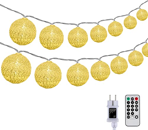 DeepDream Baumwollkugeln Lichterkette, 5M 20 LED Dimmbar Cotton Ball Lichterkette, LED Kugeln Lichterkette Innen mit Fernbedienung und Timer für Kinderzimmer Weihnachten Hochzeit Party(Gold) von DeepDream