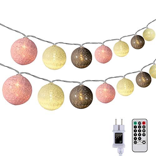 DeepDream Baumwollkugeln Lichterkette, 5M 20 LED Dimmbar Cotton Ball Lichterkette, LED Kugeln Lichterkette Innen mit Fernbedienung und Timer für Kinderzimmer Weihnachten Hochzeit Party (Rosa) von DeepDream