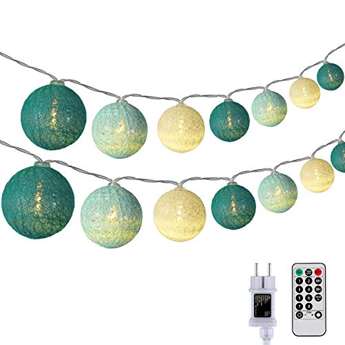 DeepDream Baumwollkugeln Lichterkette, 5M 20 LED Dimmbar Cotton Ball Lichterkette, LED Kugeln Lichterkette Innen mit Fernbedienung und Timer für Kinderzimmer Weihnachten Hochzeit Party (Türkis) von DeepDream