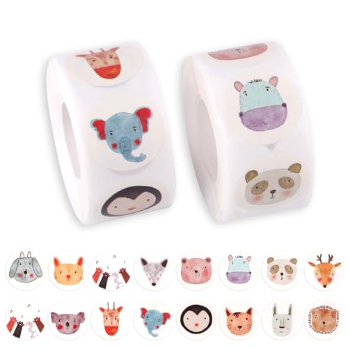 1000 Stück Animal Sticker Kinder, Cartoon Tier Aufkleber Kinder, Selbstklebende Sticker Tiere mit 16 Cartoon-tiermotiven, Lehrer Sticker Rolle für Dekoration Aufkleber, Siegeletiketten von Deepton