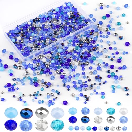 1000 Stück Facettierte Blaue Perlen, 4mm 6mm 8mm Glasperlen zum Auffädeln, Kristall Facettierte Glasperlen für Armbänder, Rondelle Kügelchen mit Kasten für DIY Halsketten, Armbänder, Ohrringe von Deepton