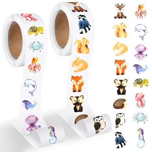 1000 Stück Stickers Tiere, Sticker Kinder, Meerestiere Waldtiere Stickers, Aufkleber Kinder, 16 Muster Stickerrolle, Selbstklebende Sticker für Mädchen Junge Scrapbooking DIY Basteln Journal von Deepton