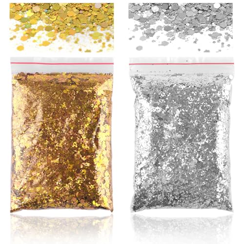 100g Glitzer Basteln, Glitzer Gold + Glitzer Silber, Bastel Glitzer, Pulver Glitzer zum Basteln, Glitzerpulver für Makeup Nägel Gesich Handwerk Nagelkunst Kartenbasteln von Deepton