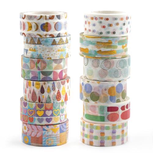 12 Rollen Washi Tape Set, Bunt Washi Tape Klebeband Set, 15mm x 3m Dekorative Washitape Kinder, Washi Masking Tape für Scrapbooking, Bullet Journal, Planer, DIY Handwerk Art und Crafts von Deepton