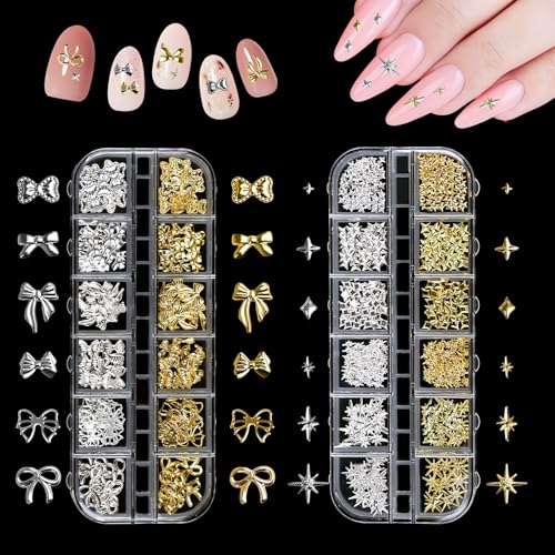 2 Boxen Nagel Charms, Stern Schleifen Nail Art Charms, Moden Nail Charms, Legierung Glitzersteine Nägel Charms Nagel Edelsteine Deko für Nageldesign Zubehör, Nägel DIY (Gold+ Silber) von Deepton