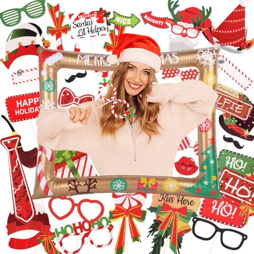 Fotobox Accessoires Weihnachten, 39 STK Aufblasbare Fotorahmen Foto Requisiten Weihnachtsparty Deko Weihnachtsfeier Deko Weihnachtsaccessoires Gold Weihnachtsassesoires von Deepton