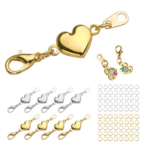 8 Stück Gold+Silber Magnet Schmuck-Verschlüsse, Magnetverschluss Tasche mit 60 Biegeringe, Magnetverschlüsse für Halsketten mit Herzförmig Schnalle, Karabinerverschlüsse für DIY Armband von Deepton