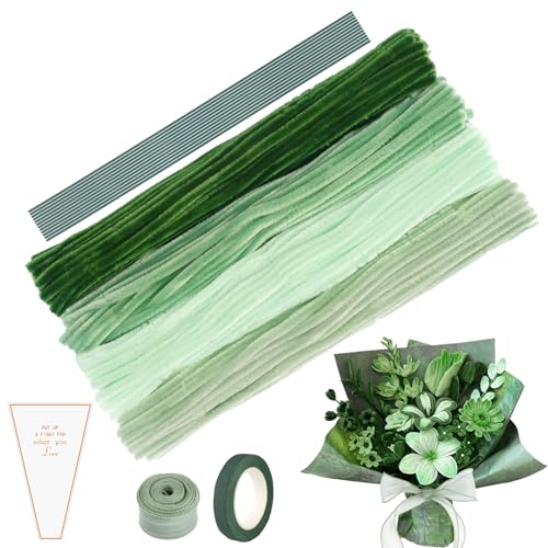 Blumenstrauß Pfeifenreiniger, Pfeifenputzer zum Basteln, Basteldraht, Verpackungsbeutel, Geschenkband, Klebeband DIY Pfeifenreiniger Blumen-Set (Grün) von Deepton
