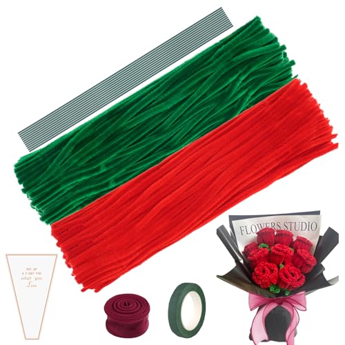 Blumenstrauß Pfeifenreiniger, Pfeifenputzer zum Basteln, Basteldraht, Verpackungsbeutel, Geschenkband, Klebeband DIY Pfeifenreiniger Blumen-Set (Rot) von Deepton