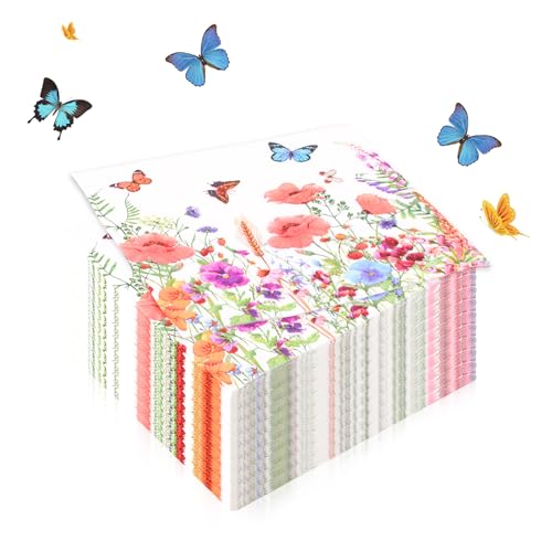 Deepton 100 Stück Servietten Frühling, Servietten Blumen, Blumenwiese Schmetterlinge Papierservietten für Frühling Hochzeit Geburtstag Parteien Feiern 33 x 33 cm von Deepton