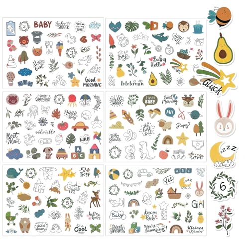 Deepton 196 Stück Sticker Babyalbum, 6 Blatt Aufkleber Babyalbum für Kinder und Baby, DIY Sticker für Fotoalbum Kalender Scrapbook & Geschenke Party Deko von Deepton