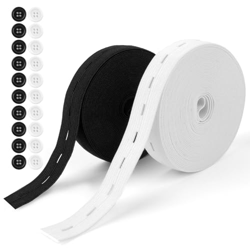 Deepton 2 Rollen Gummiband mit Knopfösen, 10M Breites Gummiband, 20mm Knopflochgummi mit 20 Knöpfe, Hosengummi, Gummiband Nähen für Hosenrock Stirnband und DIY-Nähen (Schwarz & Weiß) von Deepton