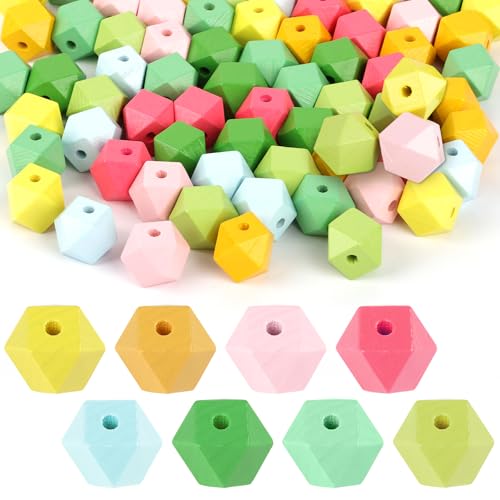 Deepton 80 Stück Holzperlen zum Auffädeln, Holzperlen Bunt, 15mm Holzkugeln mit Loch Geometrische, Natürliche Bastelnperlen, DIY Holz Perlen Set für Schmuck Bastel von Deepton