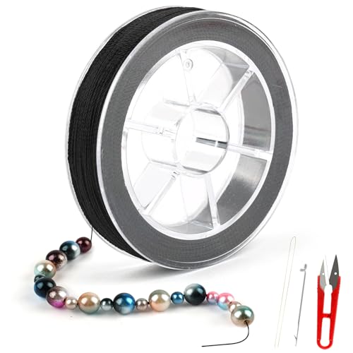 Deepton Gewachste Schnur für Armbänder, 0,4mm x 100m Armband Schnur, Perlenschnur mit Schere, Häkelnadel und Nadel, Faden für Armbänder, Schmuckherstellung, DIY Basteln (Schwarz) von Deepton
