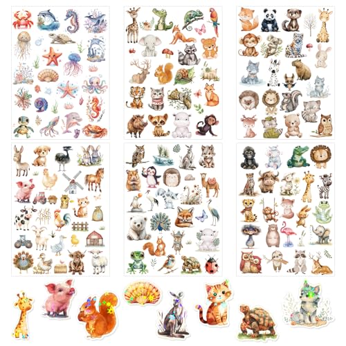 Deepton Glitzer Sticker Kinder Tiere, 6 Pcs Tier Sticker Glitzer Über 150 Motiv, Holografische Stickers mit Glitzereffekt, Glitzersticker für Jungen, Mädchen, Basteln,Schulbedarf, DIY Scrapbooking von Deepton