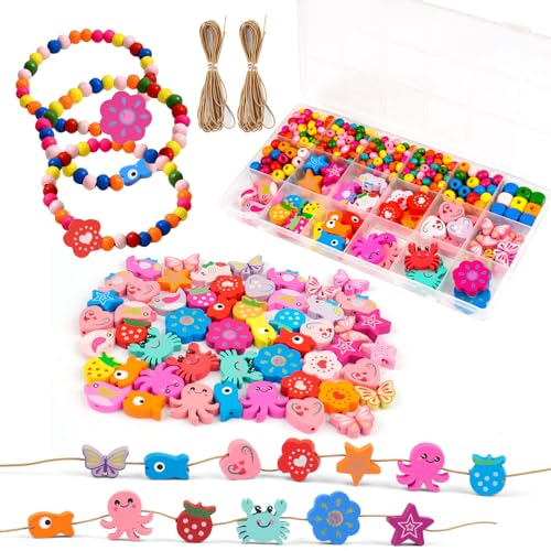 Deepton Holzperlen zum Auffädeln, Holzperlen Bunt, Perlen zum Auffädeln Kinder ab 2 3 4 Jahre, Perlen Set Kinder, Etwa 400 Stück Bastelperlen für DIY Armbänder Schmuck Halsketten von Deepton